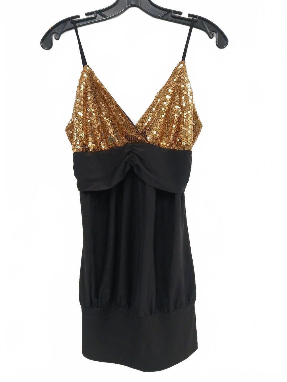 "Icon Design Size L Black and Gold Sequin Spaghetti Strap Dress